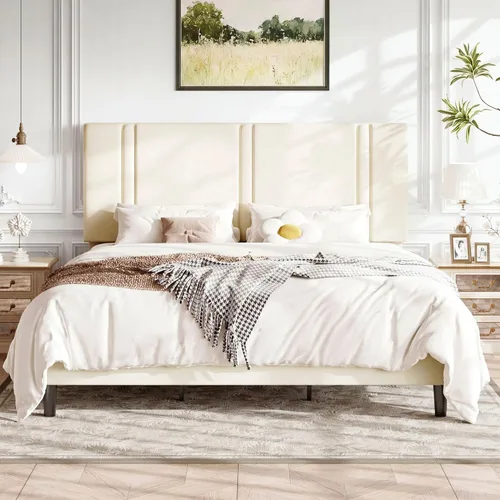 Miniatura 16 de Allewie Marco de cama de plataforma de tamaño matrimonial con cabecera ajustable, tapizado de terciopelo de felpa, canal vertical acolchonado, Negro