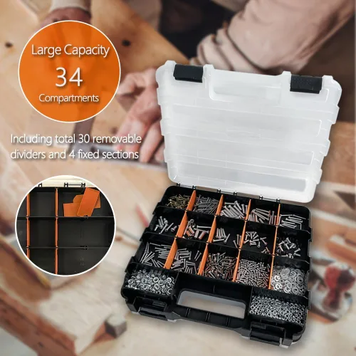 Miniatura 5 de Organizador de Almacenamiento Caja de Herramientas, TONGQI Caja de Piezas Pequeñas de 34 Compartimentos de Doble Cara con Separadores de Plástico