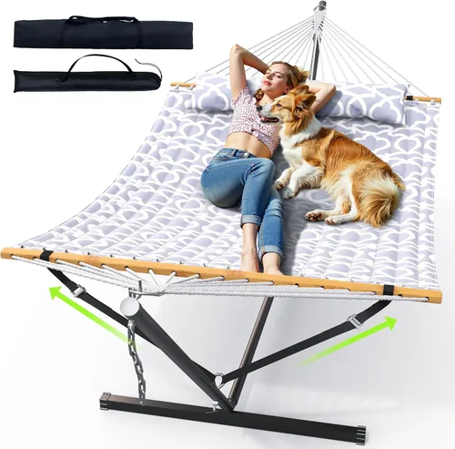 Miniatura 10 de ANAGOO Hamaca doble con soporte, hamaca de exterior resistente para dos, capacidad de 500 libras, marco de acero estable con correa de equilibrio