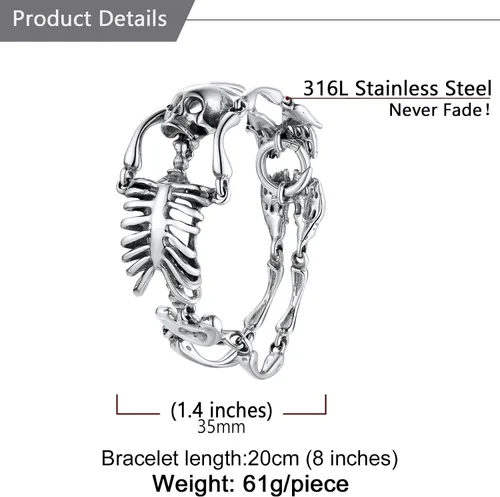 Miniatura 51 de U7 Pulseras góticas de calavera para hombres y mujeres, acero inoxidable, chapado en oro de 18 quilates, plata, negro, punk, esqueleto punk