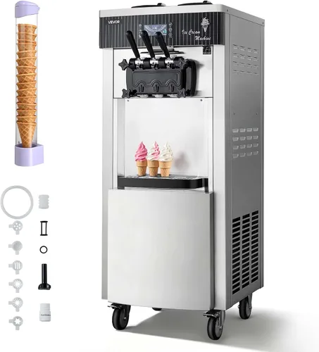 Miniatura 10 de VEVOR Máquina de helados comercial, rendimiento de 20-28 L/H, 2200 W 3 sabores para encimera de helado suave con 2 tolvas de 6 L y agitación