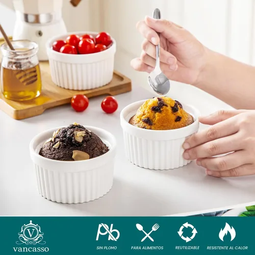 Miniatura 3 de vancasso Ramequines de 177 ml con tapa, cuencos de porcelana para soufflé de crema catalana, tazas de natillas azules para hornear, aptas