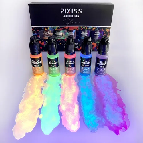Miniatura 9 de Pixiss Juego de tinta de alcohol que brilla en la oscuridad, 5 tonos de tinta de alcohol brillante para suministros de resina epoxi, papel Yupo