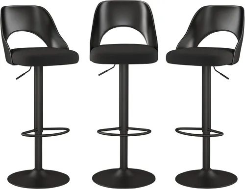 Miniatura 17 de HENGJIANYI Taburete de bar giratorio ajustable en altura con respaldo hueco, silla tapizada con base de metal negro, asiento negro