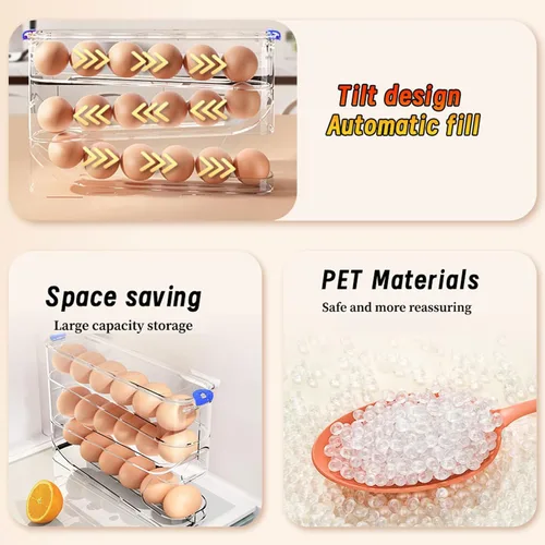 Miniatura 3 de Recipiente para huevos para refrigerador transparente apilable para almacenamiento y organización de cocina (marrón oscuro, 3 niveles)