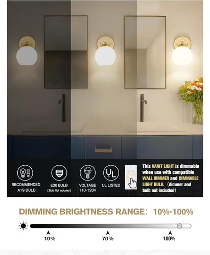 Miniatura 2 de Emak WS114-GD-ML-2PK - Moderno paquete de 2 apliques de pared de globo, luz dorada con pantalla de vidrio de leche para baño, sala de estar, fotos
