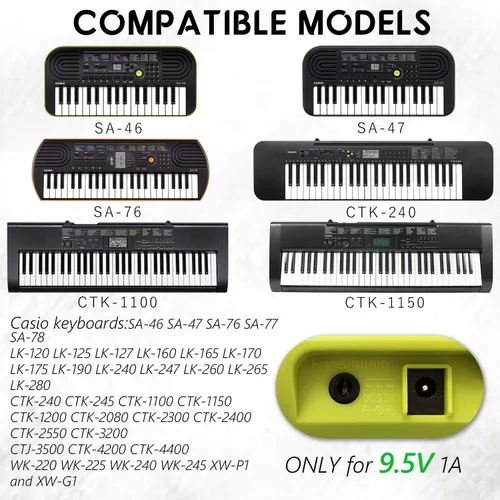 Miniatura 4 de Cable de alimentación adaptador de 9.5 V CA/CC para teclado de piano Casio LK-135 WK-225 CTK-2500 CTK-2400 CTK-2550 CTK-1100 WK-220 LK-165 CTK-2090