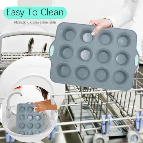 Miniatura 7 de To encounter Paquete de 2 Moldes de Silicona para Muffins con Marco de Metal, Molde para Cupcakes de 12 Tazas Tamaño Regular, Bandeja Antiadherente
