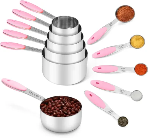 Miniatura 8 de Joyhill Juego de 10 piezas de tazas y cucharas medidoras de acero inoxidable, juego de tazas medidoras de metal anidadas con mangos de silicona