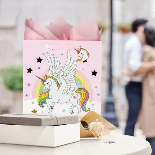 Miniatura 6 de Laidans Bolsa de regalo de unicornios grandes de 13 pulgadas para niñas y niños, baby shower con papel de seda, paquete de 1