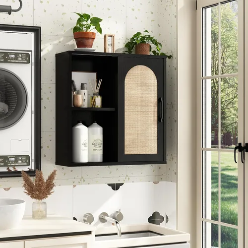 Miniatura 9 de RUSTOWN Armario de pared de ratán bohemio, gabinete de baño de mediados de siglo con puerta corredera, estantes ajustables, armario de Negro