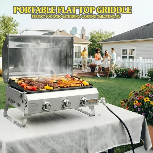 Miniatura 3 de ONLYFIRE GRILLS - Parrilla de mesa de gas con patas plegables, parrilla de gas propano portátil de 3 quemadores con tapa plana para cocinar al aire