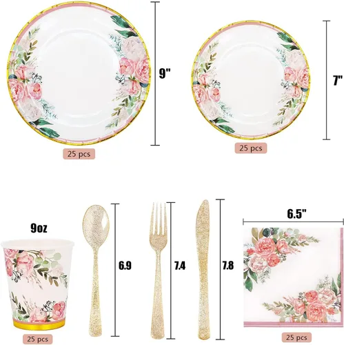Miniatura 4 de HAPRAY - Conjunto floral de platos desechables y servilletas para 24 invitados, incluye platos, vasos, cuchillos, cucharas y tenedores para baby