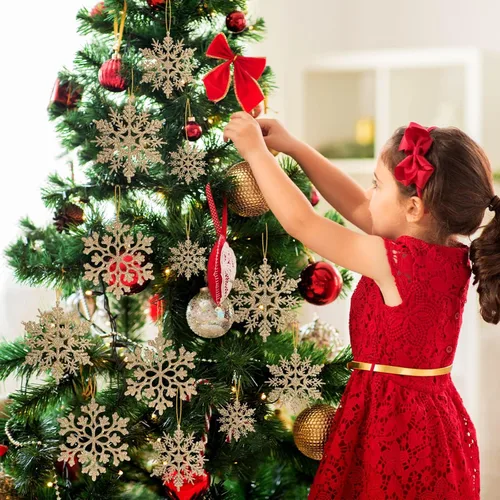 Miniatura 2 de Paquete de 36 adornos de plástico en champán dorado de copos de nieve, decoraciones colgantes de copo de nieve para el árbol de Navidad de invierno