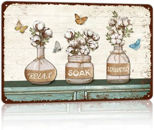 Letreros de hojalata de metal vintage para baño estilo granja, arte de pared rústico con flores campestres, decoración, 8 x 12 pulgadas B-15-3