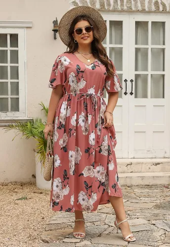 Miniatura 6 de Nemidor NEM420 - Vestido largo acampanado para mujer, talla grande, estampado floral, estilo bohemio, con bolsillo