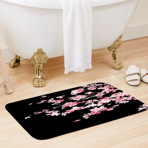Miniatura 3 de 4 Pcs Pink Cherry Blossom Shower Curtain Set 60x72 Inch Black Floral Sakura Tree Gothic Style Japanese Anime Bathroom Decor with Non-Slip Rug Toilet