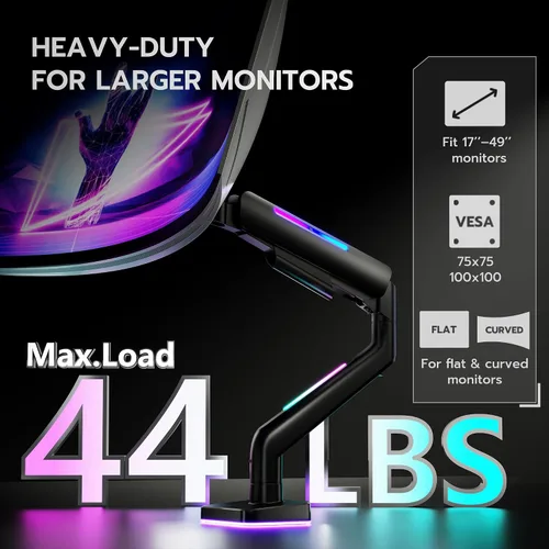 Miniatura 5 de Brazo de monitor ultraancho para pantalla de 17 a 49 pulgadas de alta resistencia de hasta 44 libras, brazo de monitor único con resorte de gas