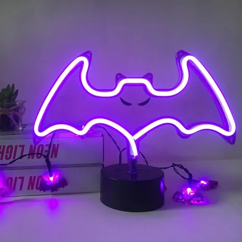 Letrero de neón con forma de murciélago morado, luz de murciélago espeluznante de Halloween con patrón, lampara decorativa de mesa de interior de