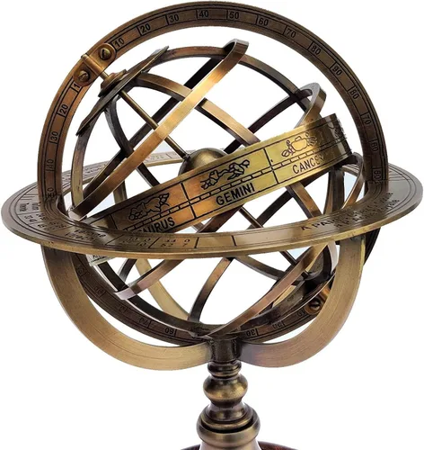 Miniatura 2 de Globo de esfera armilar de latón antiguo de 11 pulgadas, astrolabio del zodiaco, grabado con base de madera