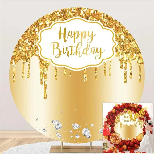 Leowefowa Telón de fondo redondo dorado brillante de feliz cumpleaños con lentejuelas doradas de diamantes para fotografía, fondo de poliéster,