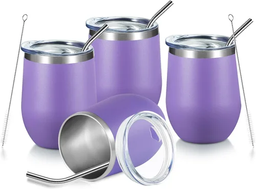 Miniatura 25 de COMOOO Vaso de vino aislado de 12 onzas con tapa, vaso de vino de acero inoxidable sin tallo, vaso de vino de doble pared al vacío con pajita, café