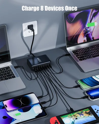 Miniatura 2 de Bloque de cargador USB C de 440 W, estación de carga USB C de 8 puertos GaN IV, estación de carga de múltiples puertos esenciales de viaje, Negro