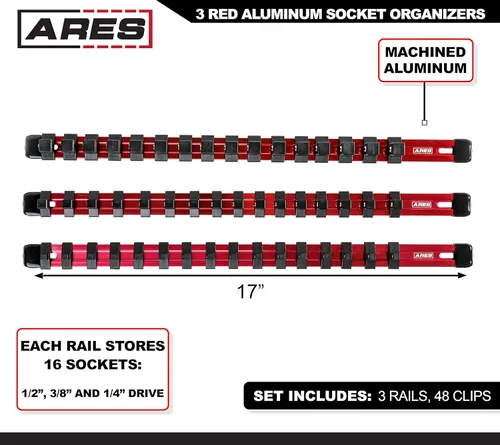 Miniatura 2 de ARES 70204 - Organizador de enchufes de aluminio de 3 piezas, rieles de enchufe de 1/4 pulgadas, 3/8 pulgadas y 1/2 pulgadas con capacidad para 48