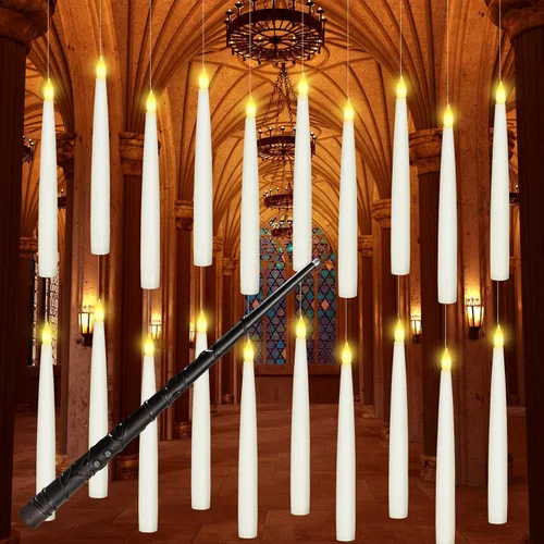 Boribim 20 velas flotantes con varita, velas colgantes mágicas, velas LED cónicas sin llama con luz cálida parpadeante con varita y control remoto,