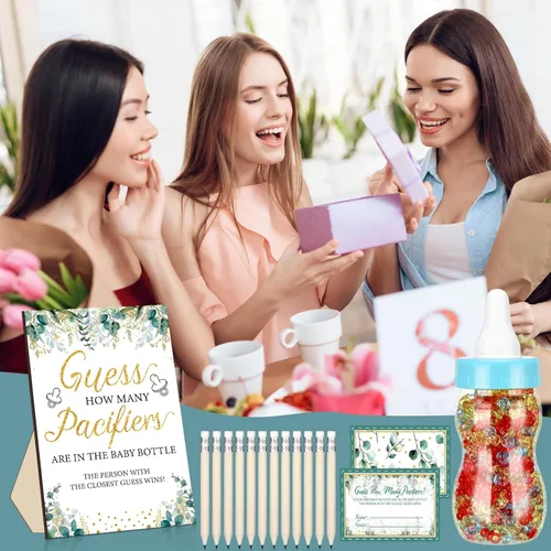 Miniatura 7 de Syhood Greenery Baby Shower Games Guess How Many Pacifiers Sage Game Signal, 50 pequeños juegos de adivinanzas, 20 lápices HB, botella de leche