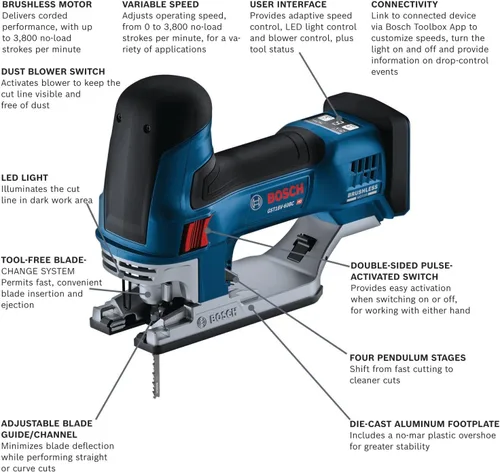 Miniatura 2 de Bosch GST18V-60BCN 18V Herramienta de sierra caladora sin cepillo con asa de barril conectada, 3,800 SPM, luz LED, cambio de hoja sin herramientas