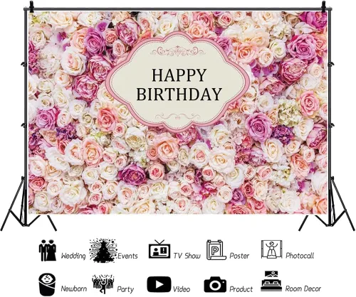 Miniatura 2 de Yeele Telón de fondo de cumpleaños rosa de 7 x 5 pies con flores rojas y rosas para fotografía de niñas y mujeres, retratos, suministros