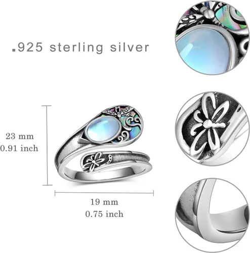 Miniatura 4 de Anillo de cuchara de libélula, piedra lunar, plata de ley 925, anillos de pulgar, libélula de joyería, regalos para mujeres