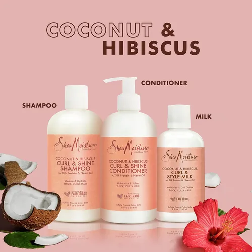 Miniatura 3 de SheaMoisture Hidratar y definir champú, acondicionador y leche de peinado para el cuidado del cabello rizado coco e hibisco con manteca de karité