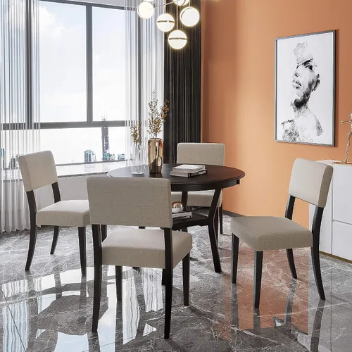 Miniatura 7 de FRANSOUL Juego de 5 mesas redondas de madera con estante inferior, 4 sillas tapizadas para comedor, cocina, comedor, desayuno familiar, color marrón