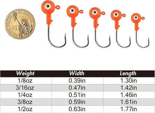 Miniatura 7 de Alwonder Paquete de 10 cabezas redondas de pesca, ganchos de róbala de lubina, ojos 3D, acero de alto carbono, 1/8-1/2 onzas, cabeza de plantilla