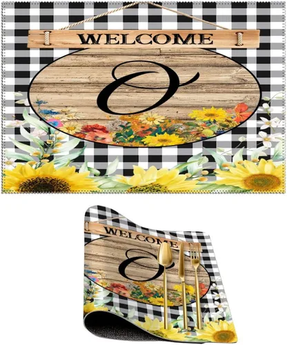 Miniatura 23 de Manteles individuales de bienvenida con diseño de girasol vintage con bandera R con inicial, 1 unidad, estilo granja, para mesa de comedor, cocina