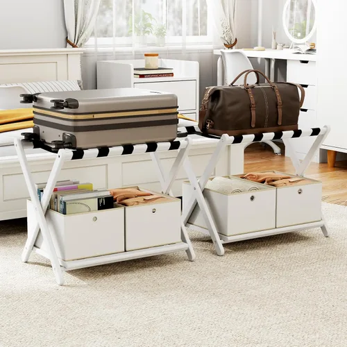 Miniatura 17 de oakvivo Portaequipajes negro totalmente montado para habitación de invitados, soporte plegable de bambú para maleta con 5 correas de nailon, soporte