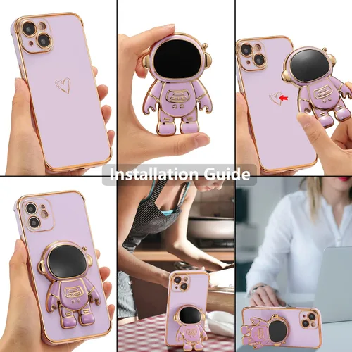 Miniatura 6 de RALEAVO Funda para iPhone 13, bonita funda de astronauta 6D con función de soporte, cubierta de enchapado de lujo, ajuste delgado, TPU suave, Púrpura
