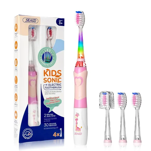 Cepillo de dientes eléctrico infantil, suave, con batería, con temporizador inteligente, resistente al agua, reemplazable, limpieza a fondo para Rosa