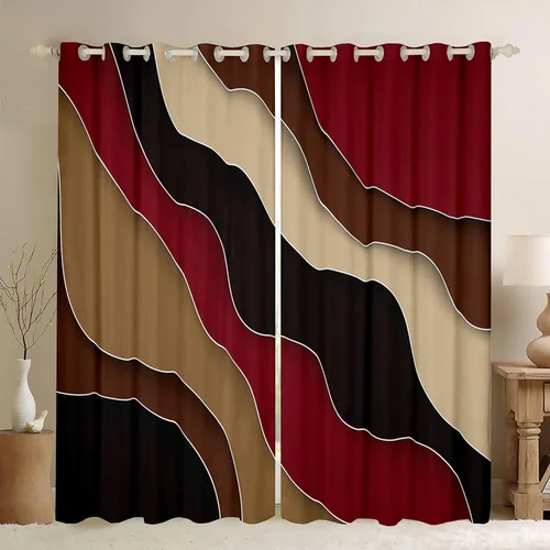 Miniatura 13 de Cortina de ventana de rayas rojas y negras, cortinas abstractas con ondas circulares, cortinas geométricas para tratamiento de ventanas para niños