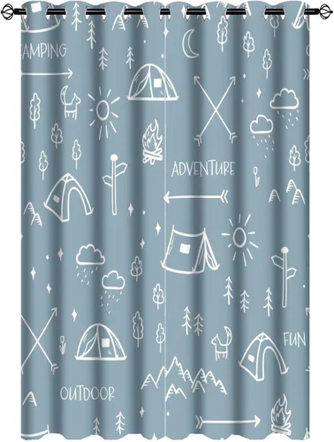 Miniatura 19 de Cortinas abstractas con estampado de cámper de caricaturas, divertido tema de aventura, campamento, montañas, vida silvestre, oso, tratamiento