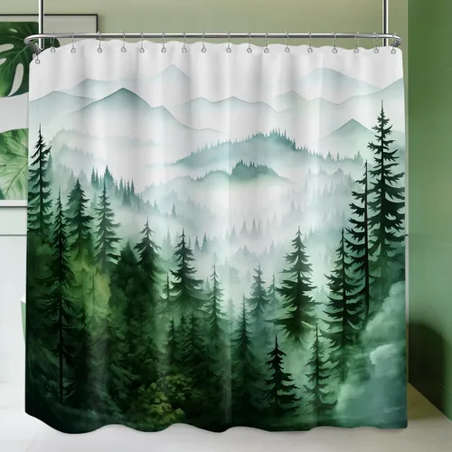 Miniatura 33 de Cortina de ducha azul marino de bosque Cortina de ducha azul oscuro de montaña y naturaleza para decoración de baño de hombres, tela impermeable