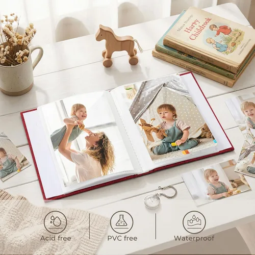Miniatura 5 de Vienrose Álbum de fotos pequeño de 4 x 6 pulgadas, paquete de 2 mini libros de fotos con cubierta de lino, 26 páginas con capacidad para 52 Rojo