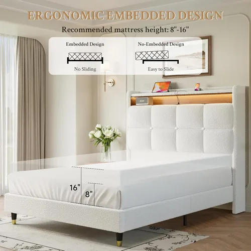 Miniatura 8 de koorlian Marco de cama tamaño King, cabecera capitoné capitoné de 51 pulgadas de alto, marco de cama tapizado de forro polar de peluche, luces LED