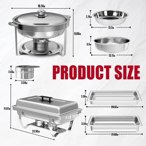Miniatura 2 de IMACONE Juego de 2 platos para bufé, rectángulo de 8 cuartos y 5 cuartos de galón de acero inoxidable redondo para catering, chafers