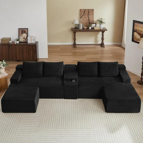 Miniatura 4 de 141" Oversized U Shaped Cloud Sectional Couches with Storage Console for Living Room, Corduroy Compressed Boneless Couch, Symmetrical Sofa & Couch