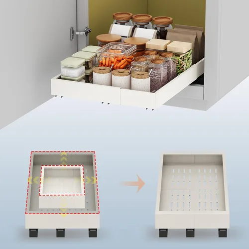 Organizador de Gabinete Extraíble, Ancho Expandible (28 cm-41 cm), Profundidad (43 cm-61 cm) con 3 Carriles, Cajones Deslizantes, Estantes Blanco