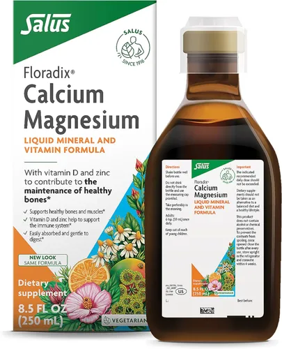 Floradix Fórmula líquida mineral y vitamínica de calcio y magnesio, suplemento de apoyo óseo con calcio, magnesio, vitamina D y zinc, vegetariano y