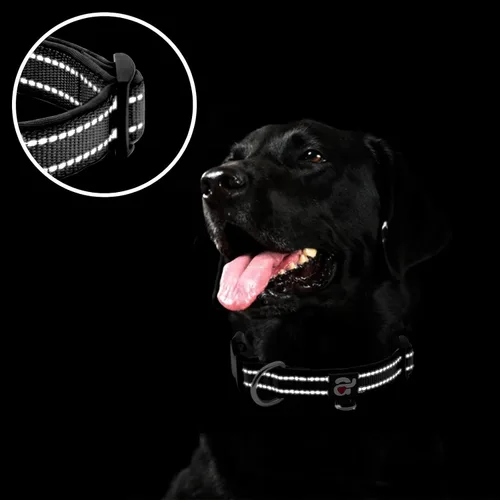 Miniatura 4 de azuza Collar reflectante para perro, de neopreno suave acolchado con anillo para etiqueta de identificación, ajustable para cachorros y perros Negro